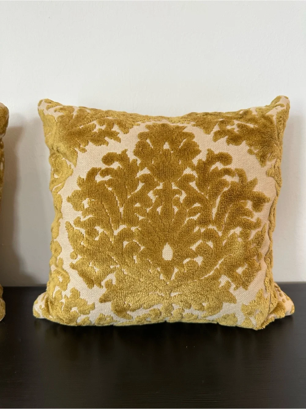 Pair of Vintage Gold Damask Chenille Velvet Decorative Pillows